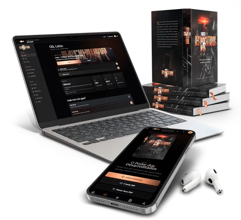 Livro, laptop e celular exibindo o app O Poder dos Desacreditados